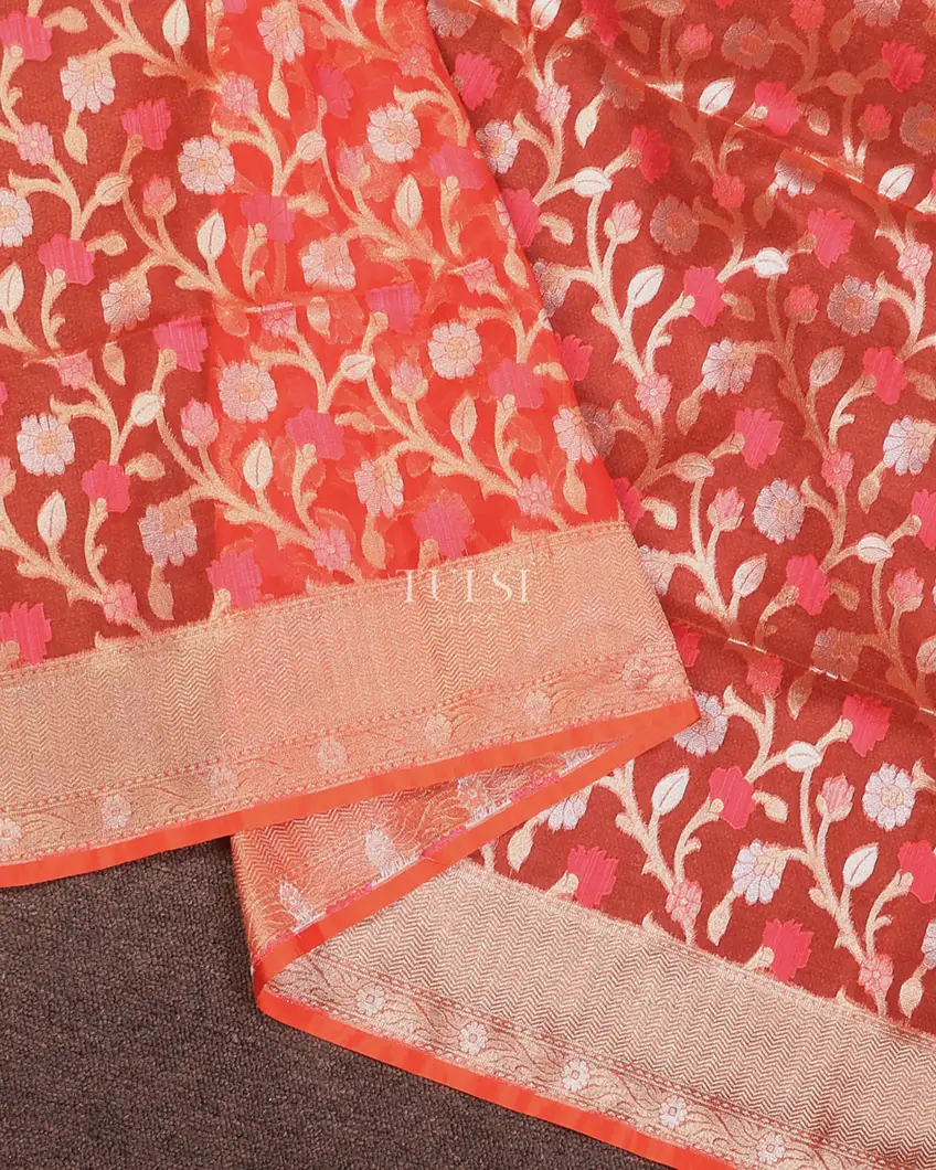 Orangish Red Banaras Organza Saree T714772-image