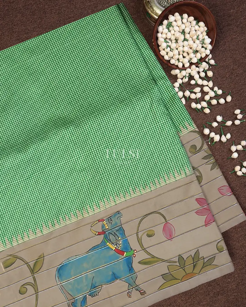 Green Kanjivaram Kalamkari Handpainted Saree T734512-image