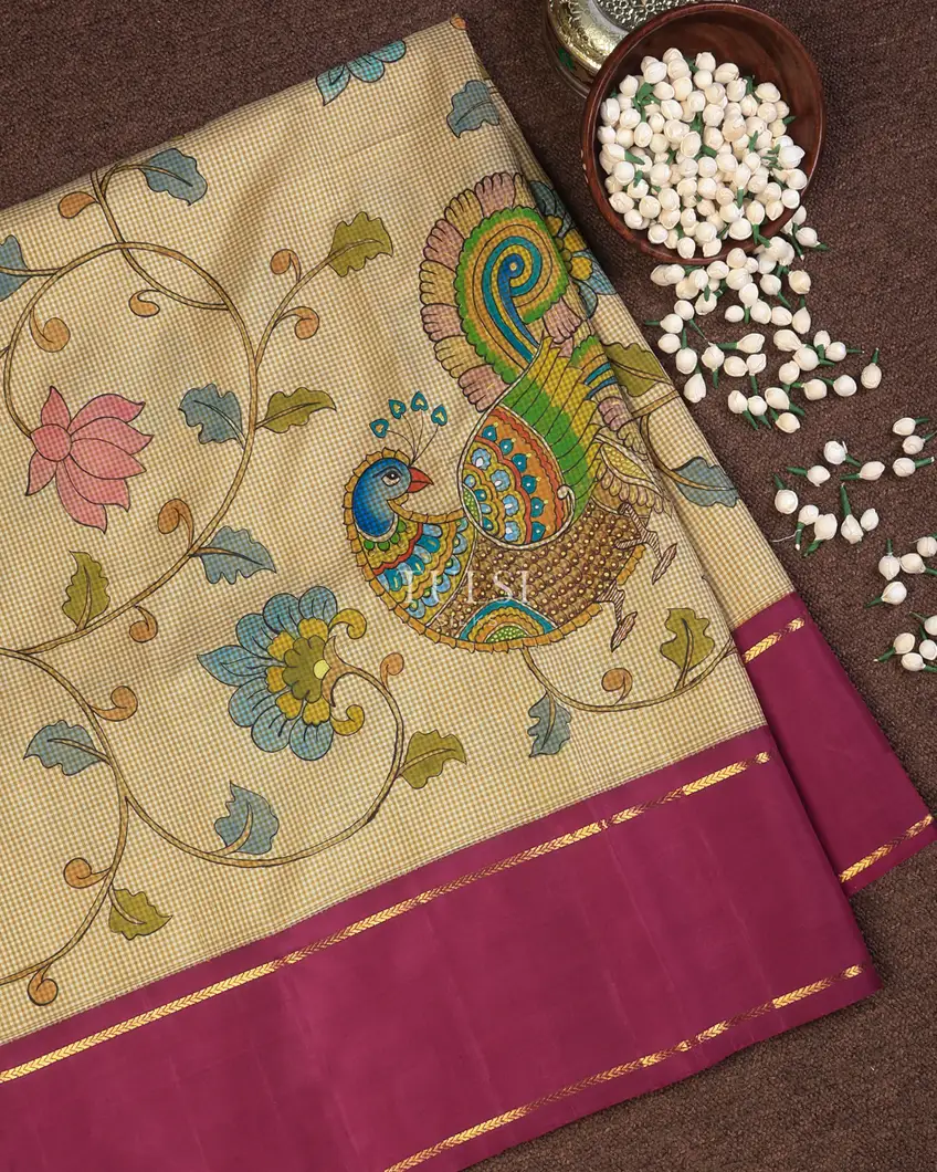 Beige Kanjivaram Kalamkari Handpainted Saree T737700-image