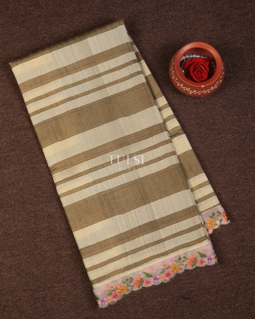 Beige and Brown Tussar Printed Saree With Organza Border T741607-image
