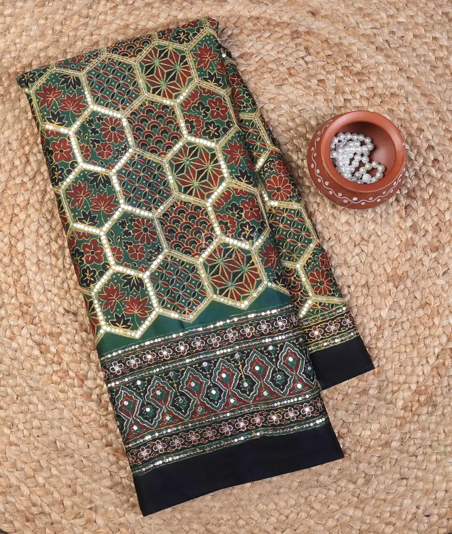 Multicolour Ajrakh Printed Modal Silk Saree T741286-image