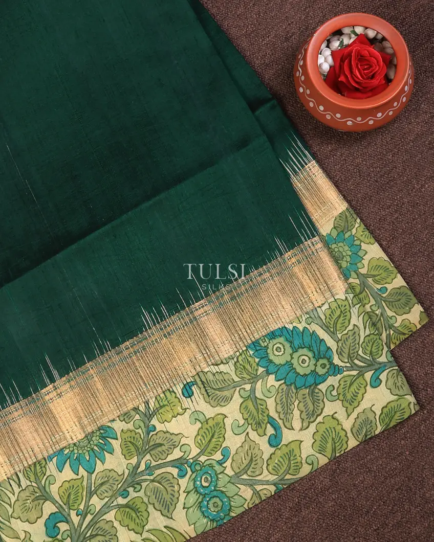 Bottle Green Printed Raw Silk T747160-image