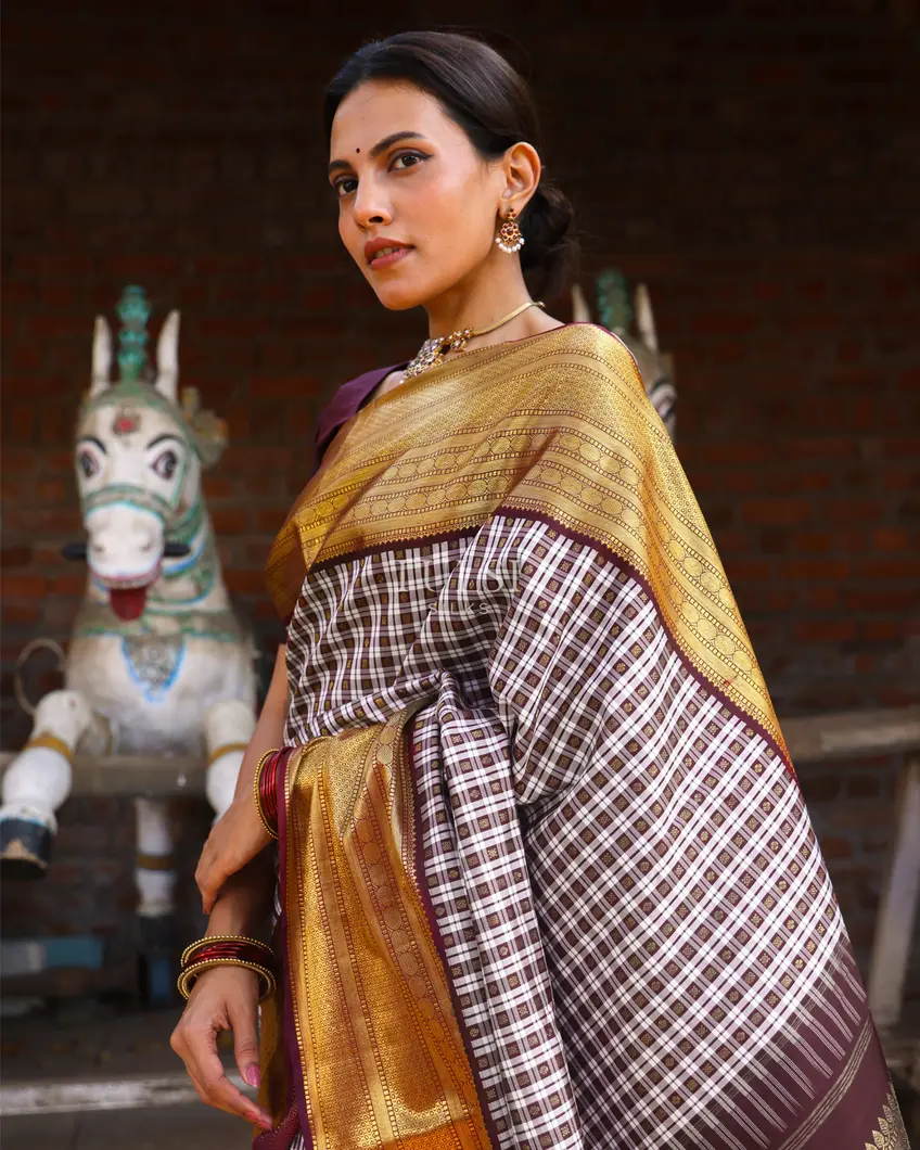 Brown and White Kanjivaram Silk Saree T738503-image