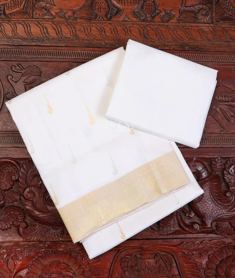 White Kanjivaram Silk Dhoti and Vastharam With Shirt Material T737311-image