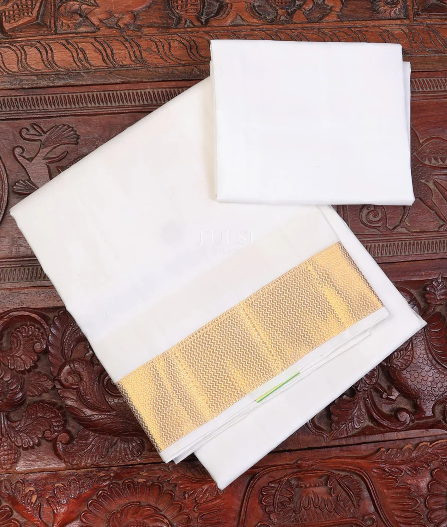 White Kanjivaram Silk Dhoti and Vastharam With Shirt Material T741129-image