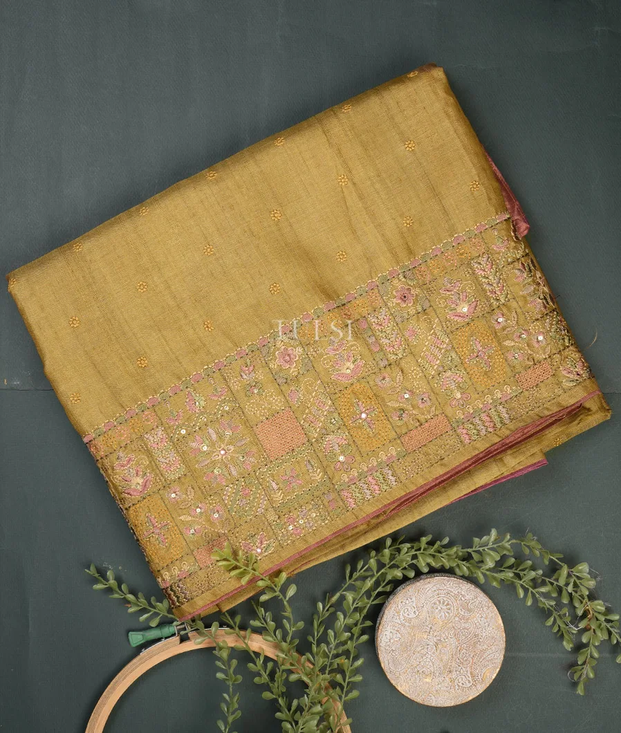 Golden Brown Tussar Embroidery Saree T750165-image