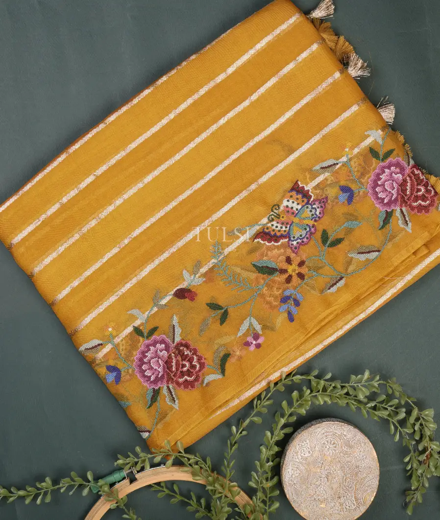 Mustard Yellow Kora Organza Embroidery Saree T742838-image