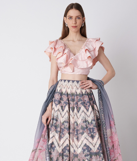 Buy Rani Pink Pleated Lehenga And Blouse With Frilled Sleeves In Organza