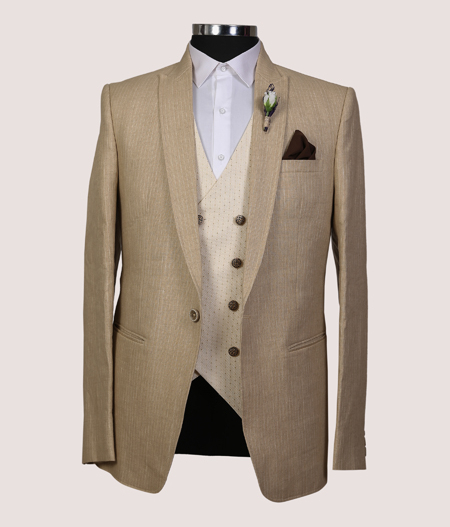 Beige Striped Three Piece Suit - ALT 2481