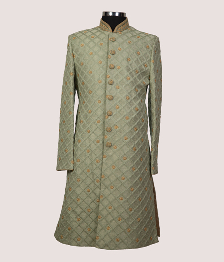 Green Cross Pattern Sherwani - AMD 7071