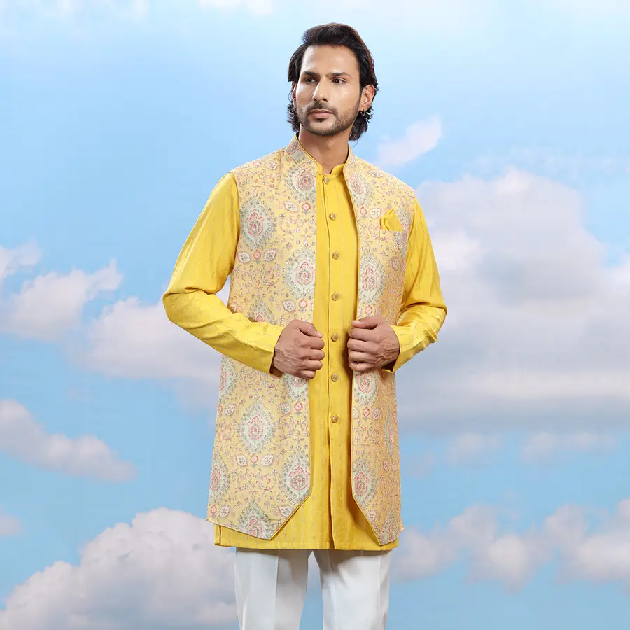 yellow-designer-bundi-kurta-set-00824-a