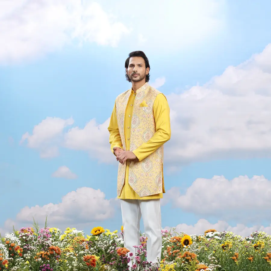yellow-designer-bundi-kurta-set-00824-b