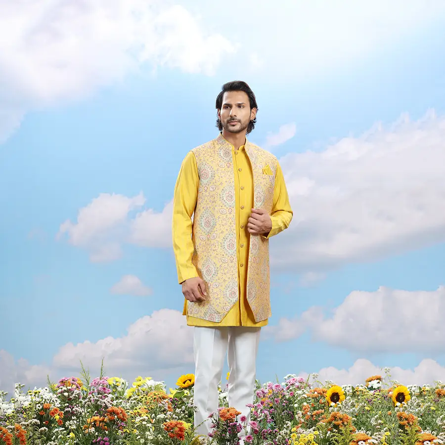 yellow-designer-bundi-kurta-set-00824-c