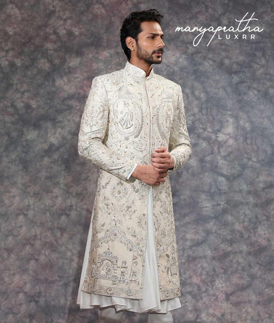 Adl Embroidered Cream Sherwani2
