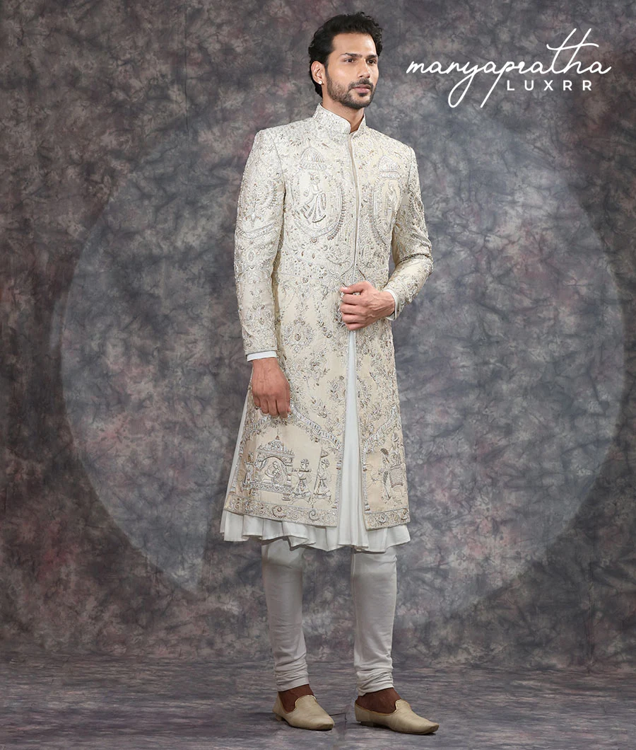 Adl Embroidered Cream Sherwani4