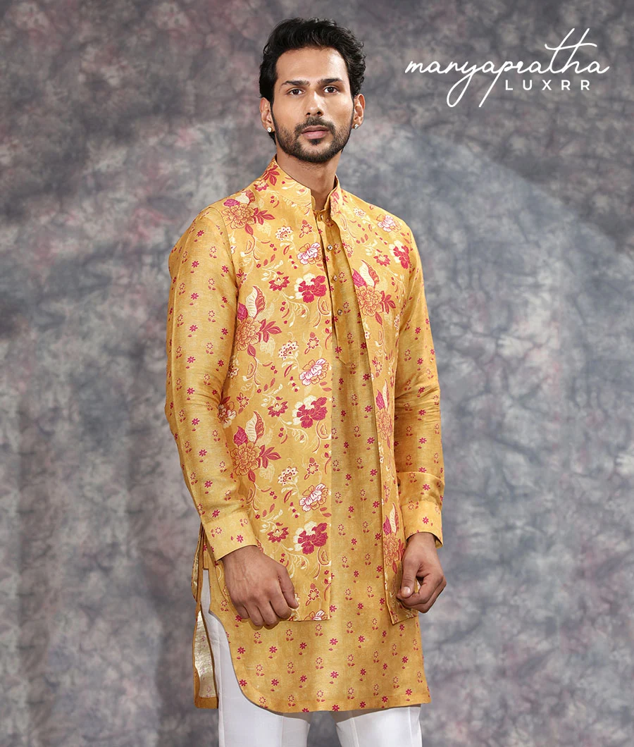 Fatanah Embroidered Mustard Kurta Set1