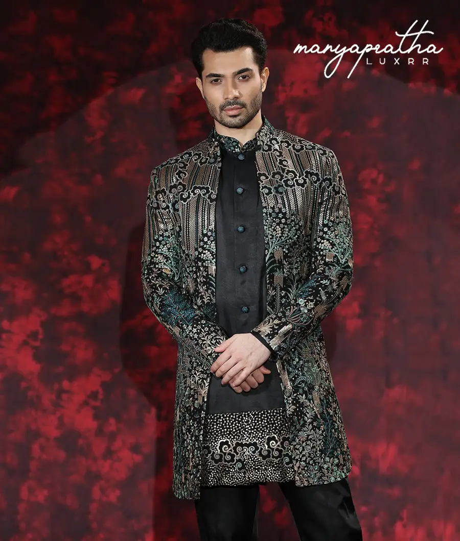 Art Silk Black Function Wear Mens Indo Western Outfit