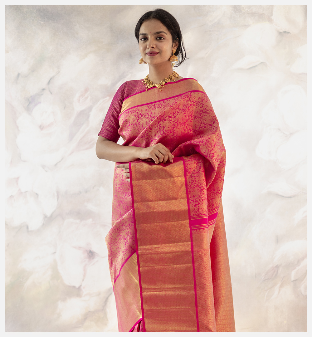 Pink Kanjivaram Inspired Design Pure Silk Woven Saree | Taneira Online Store