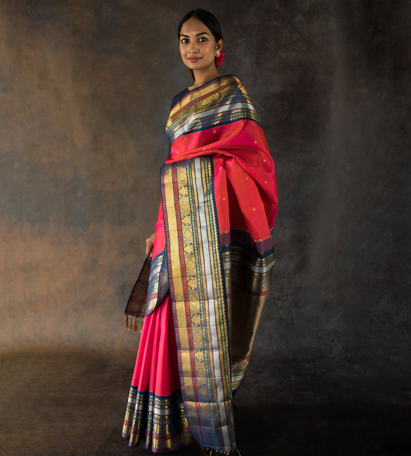 Pinkish Orange Kanchipuram Silk Saree