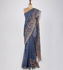 Blue Linen Embroidery Saree1