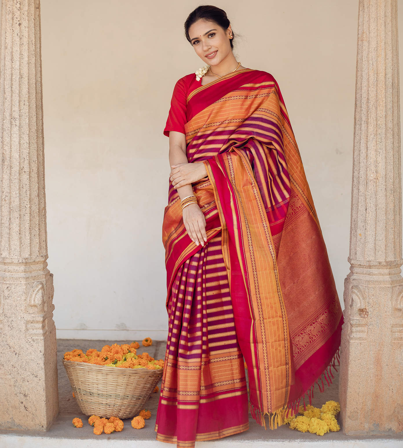 Pinkish Red Kanchipuram Silk Saree