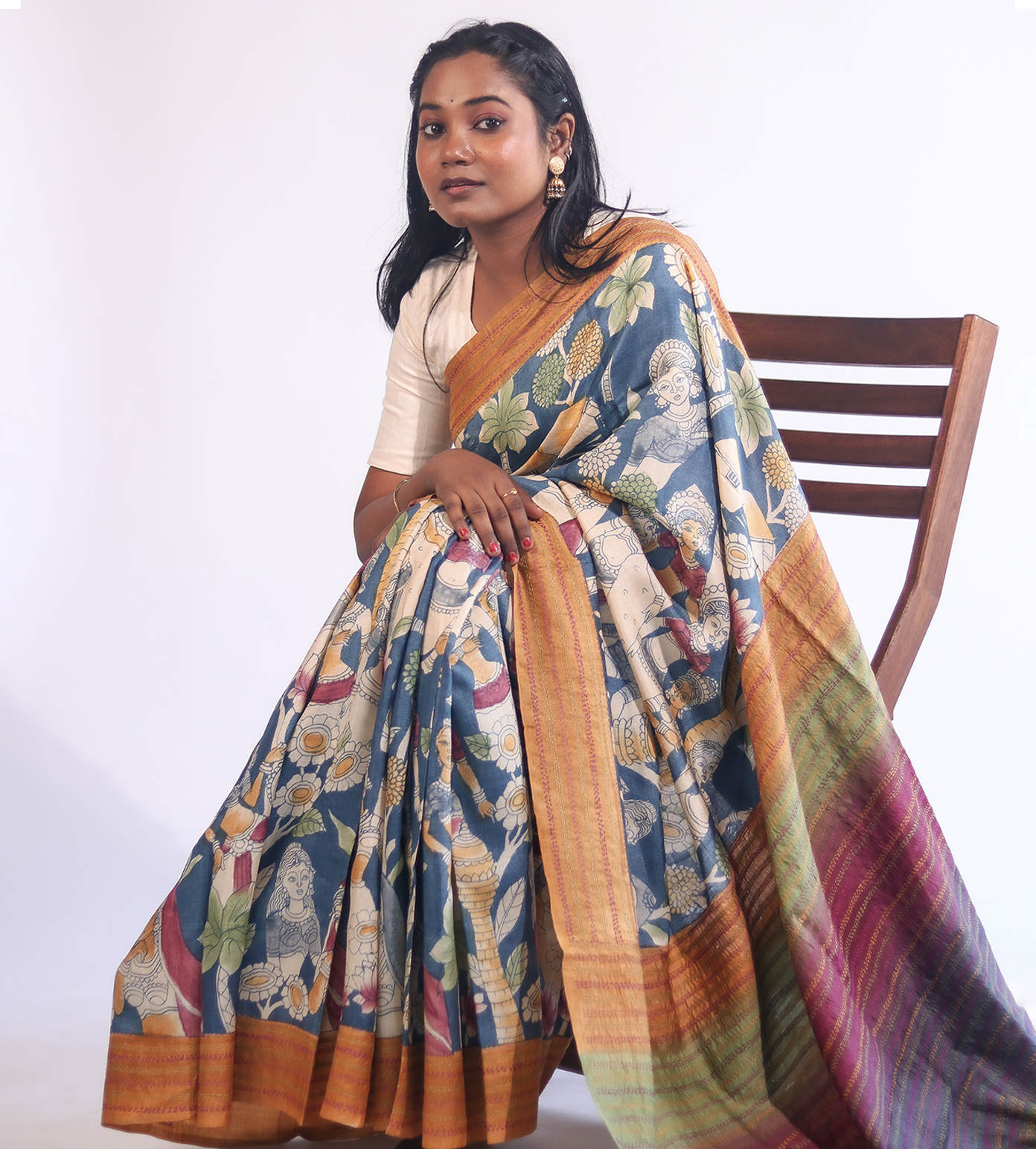 Blue Kalamkari Tussar Saree