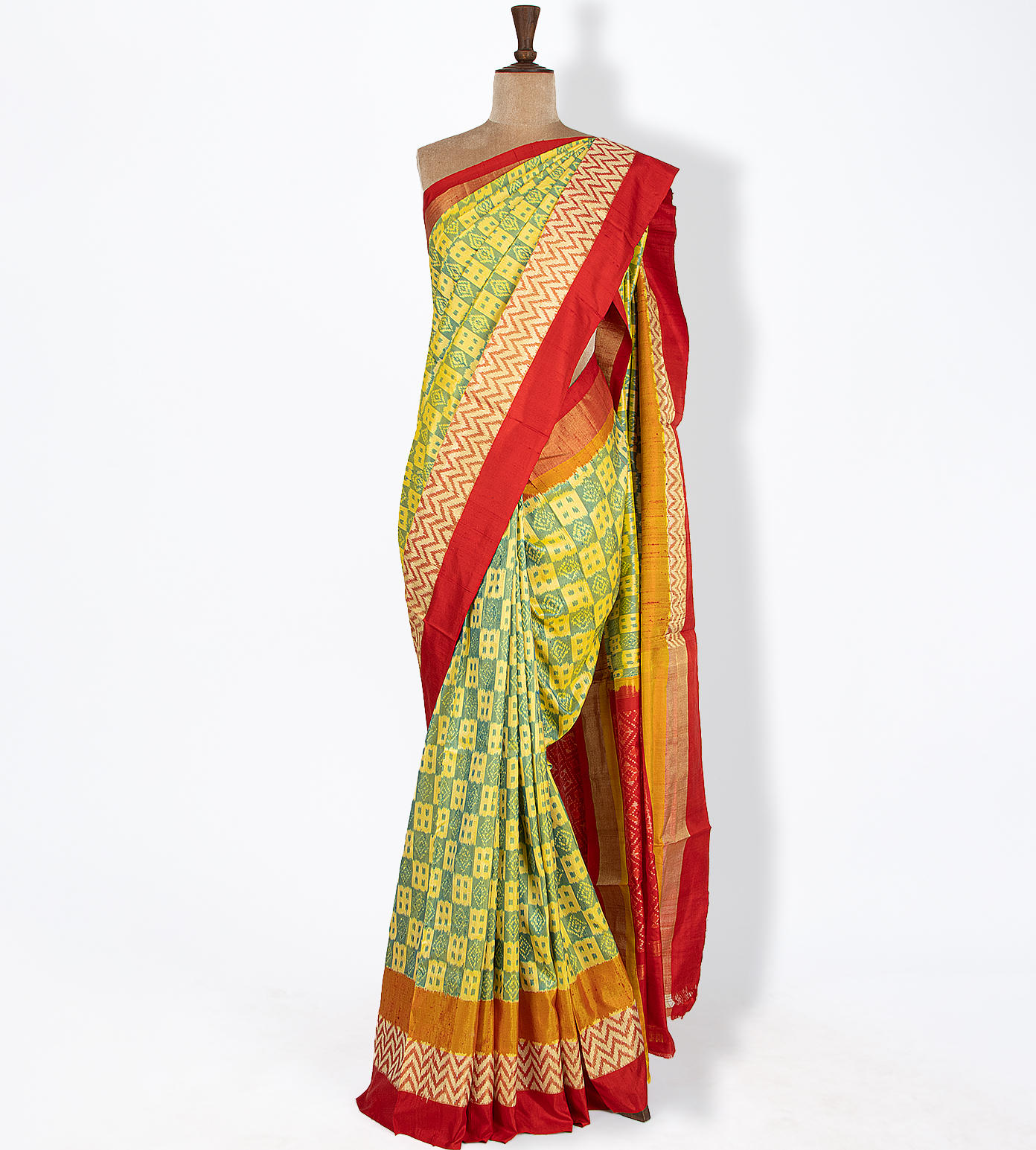 Yellow And Green Ikkat Silk Saree1