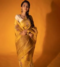 Yellow Linen Printed Saree1