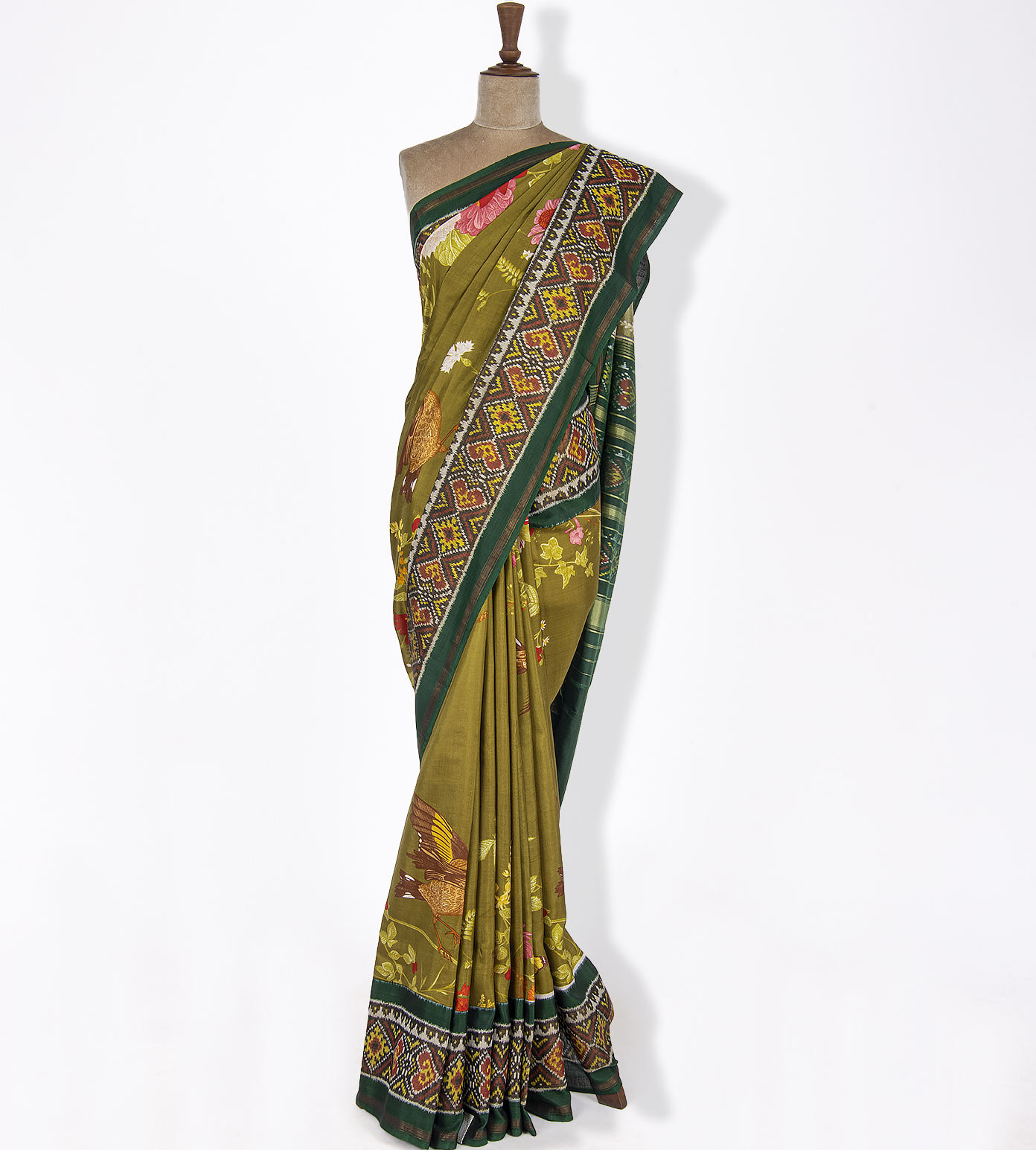 Olive Green Ikkat Silk Saree1