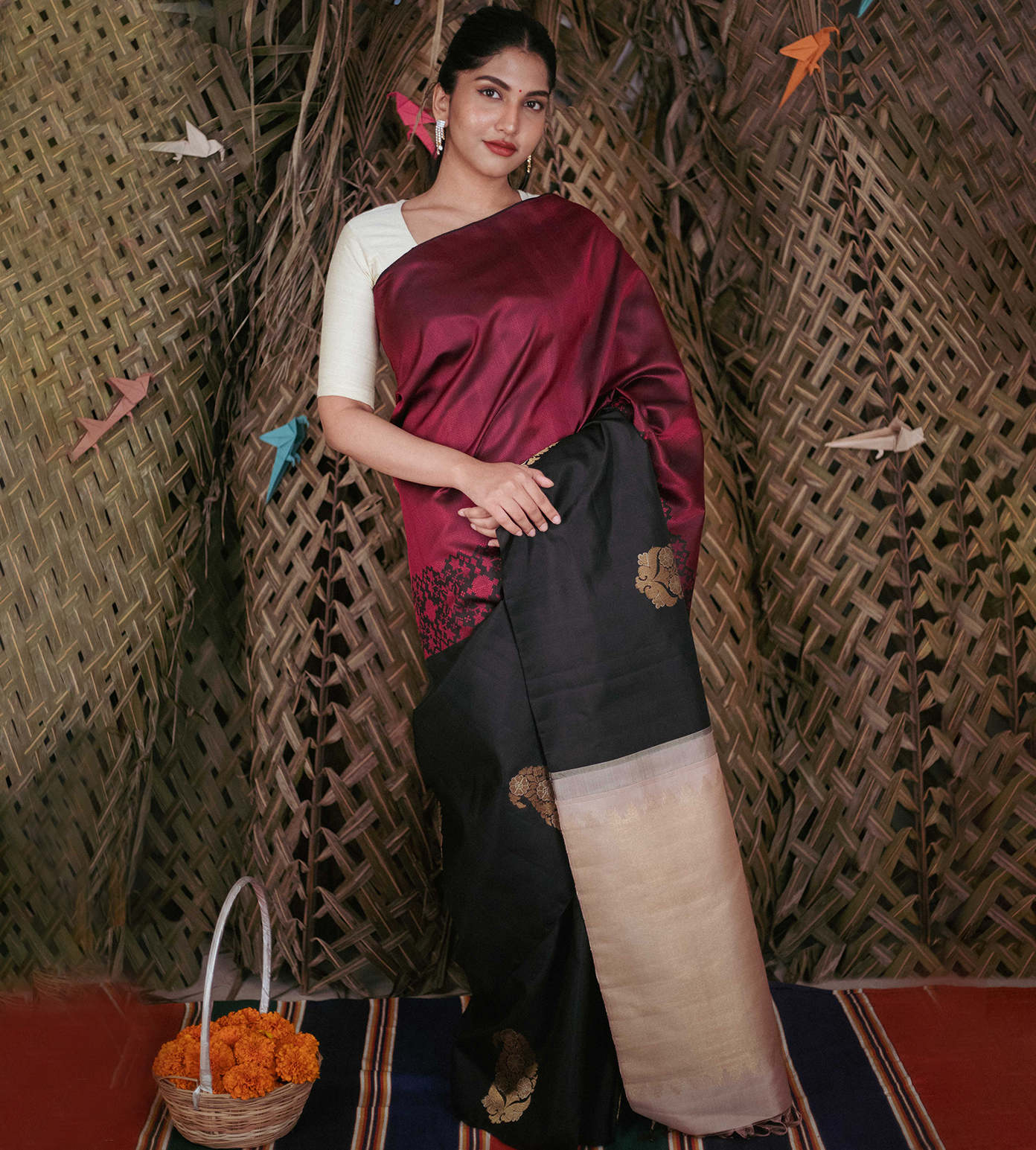 Black And Deep Maroon Kanchipuram Silk Saree2