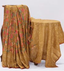 Mustard Yellow Printed Tussar with embroidery Saree1