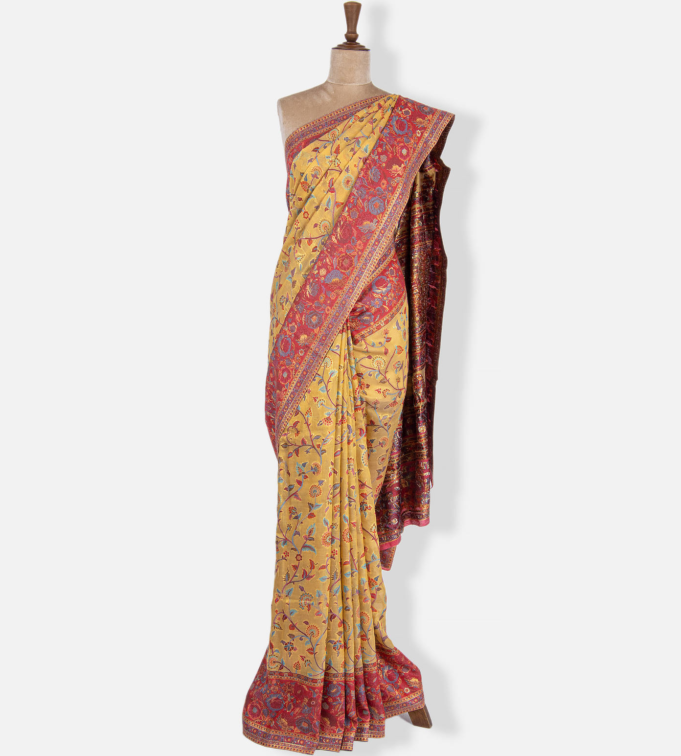 Beige Rayon Saree in Kani Style with wide Floral Borders – Shobitam