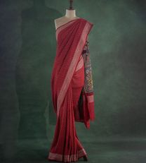 Red Banaras Linen Georgette Saree With Kalamkari Pallu1
