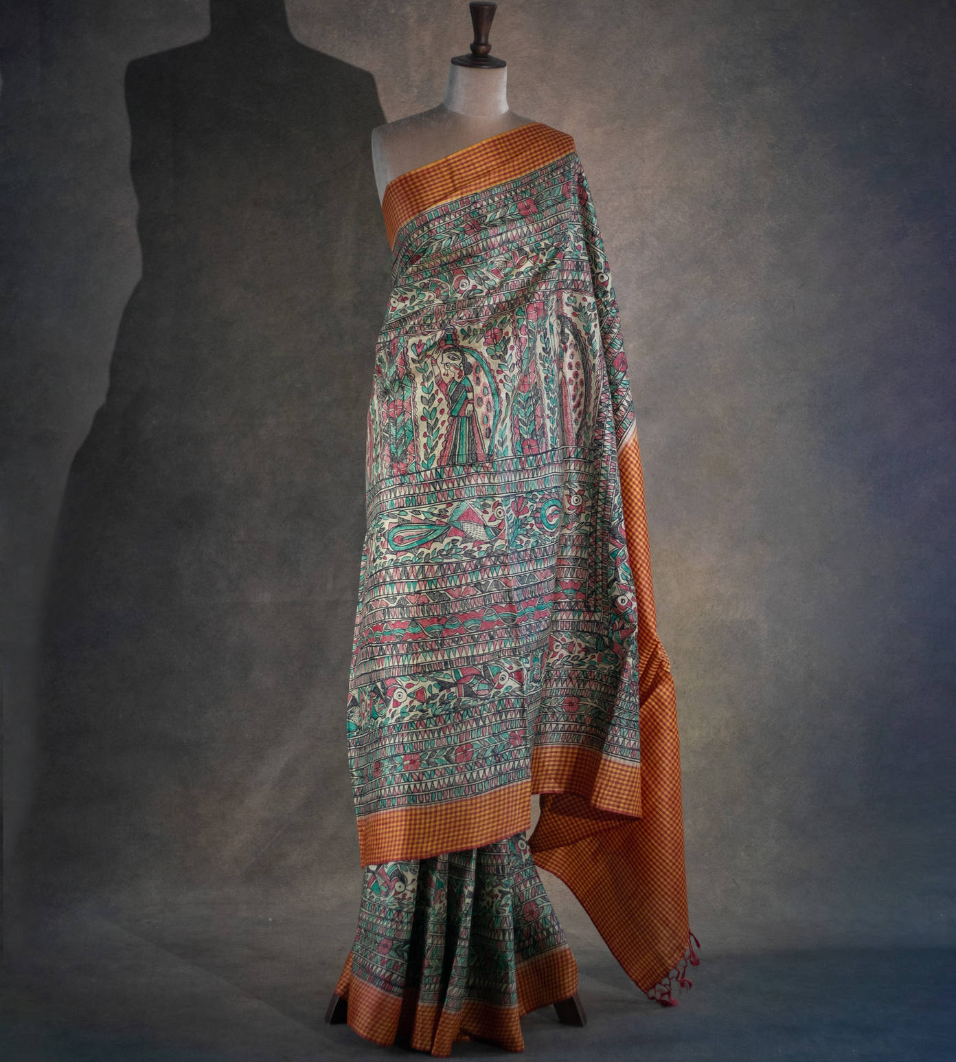 Tussar Madhubani Hand Painted Saree1