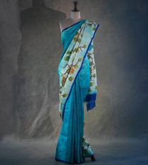 Blue Tussar Hand Painted Silk Saree1