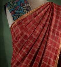 Red Tussar Silk Saree With Kalamkari Blouse2