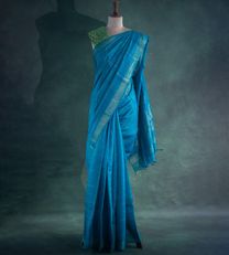 Blue Tussar Silk Saree With Kalamkari Blouse1