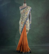 Creme Tussar With Kantha Hand Painted Embroidery Silk Saree1