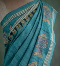 Light Blue Tussar With Kantha Embroidery Saree2