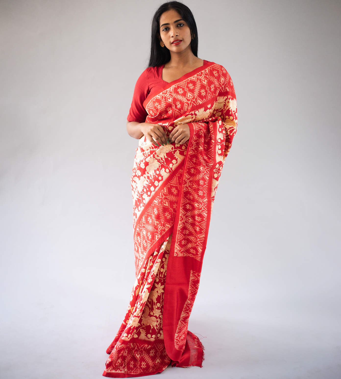 Vermillion Red Ikkat Silk Saree1