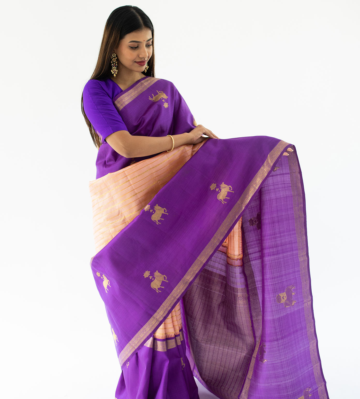 Buy Peach Kanchipuram Silk Saree