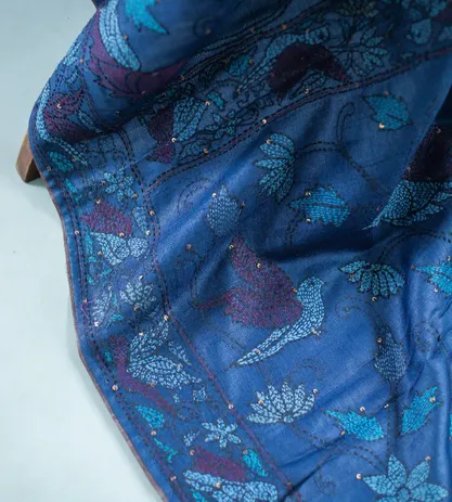 Deep Blue Tussar Hand Embroidery Saree4