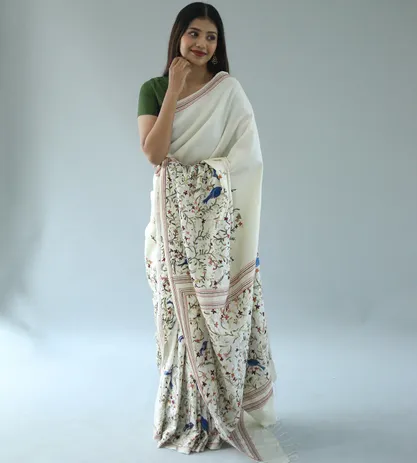White Soft Silk With Parsi Embroidery Saree1