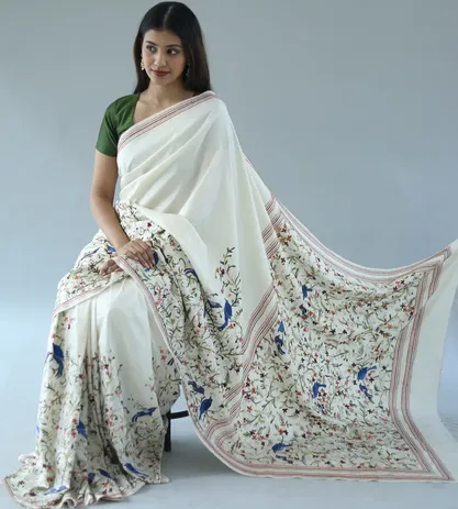 White Soft Silk With Parsi Embroidery Saree3