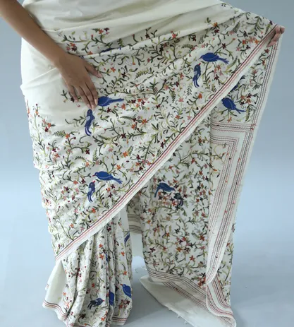 White Soft Silk With Parsi Embroidery Saree4