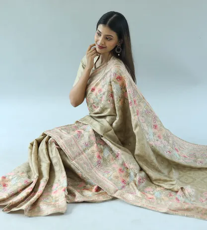 Deep Beige Tussar Silk Hand Embroidery Saree1