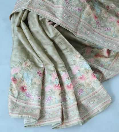 Deep Beige Tussar Silk Hand Embroidery Saree4