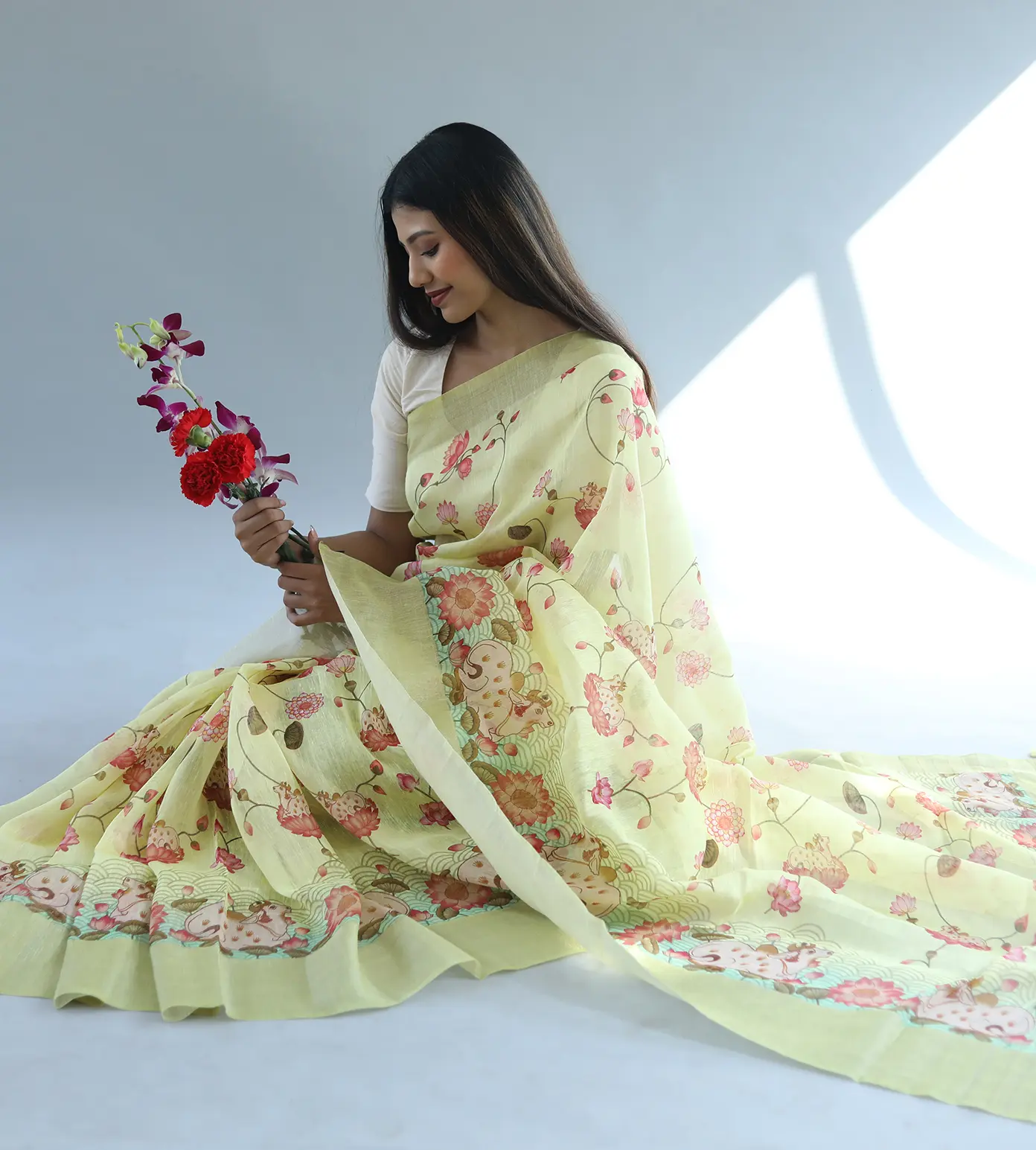 Lime Yellow Linen Printed Saree1