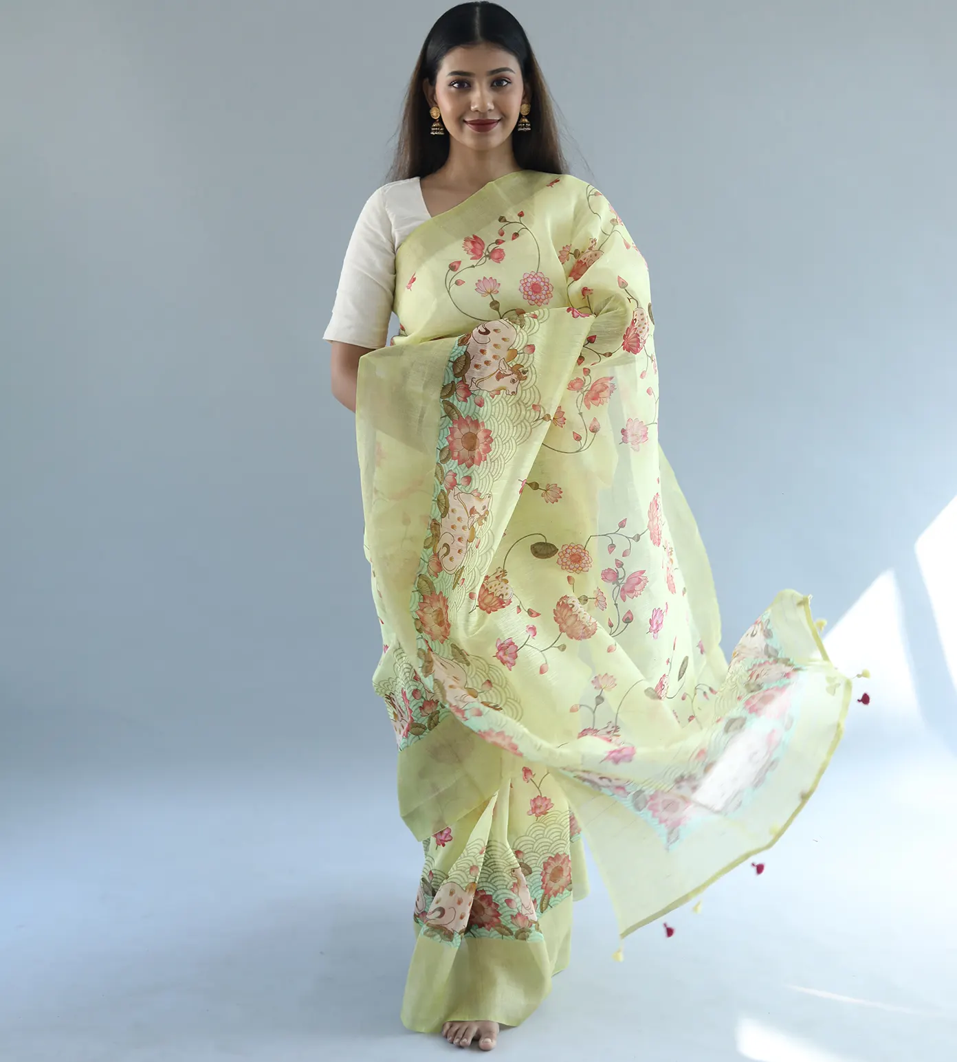 Lime Yellow Linen Printed Saree2
