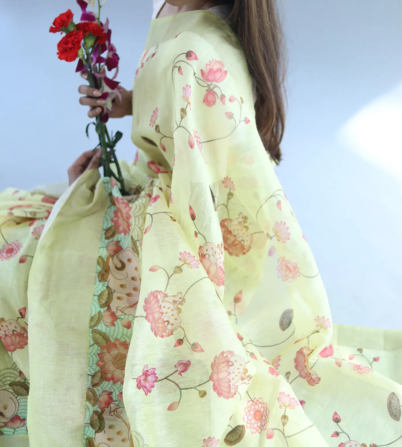 Lime Yellow Linen Printed Saree3